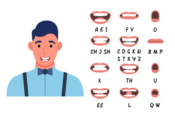 Lip sync collection for animation. Cartoon male character mouth and lips sync for sound pronunciation. Vector illustration. - obrazy, fototapety, plakaty