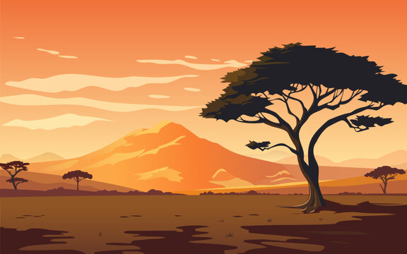 Beautiful African landscape. Amazing aufrican nature at sunset with trees, grass and mountains. Vector illustration for poster.