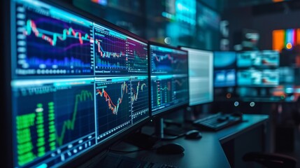 stock data monitor analyzing data stock market in monitoring room on the data presented in the chart, forex trading graph, stock exchange trading online, financial investment