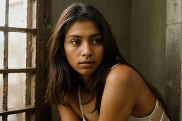 Fototapeta premium Old fashioned home with a young lady posing in front of a windowsill and wall