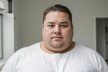 Obraz premium closeup portrait of an overweight man wearing a white t-shirt, thinking deeply