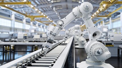 Fototapeta premium Large Production Line with White Industrial Robot Arms at Modern Bright Factory. Assembled on Conveyor. Automated Manufacturing Facility, automated, technology, factory
