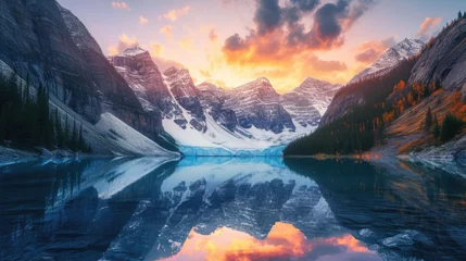 Foto op Plexiglas Reflectie A majestic mountain landscape at sunset, snow-capped peaks, a crystal-clear lake reflecting the vibrant sky, serene nature. Resplendent.