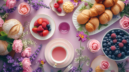 Obraz na płótnie Canvas Top view easter breakfast with flowers in pink and purple - Generative AI