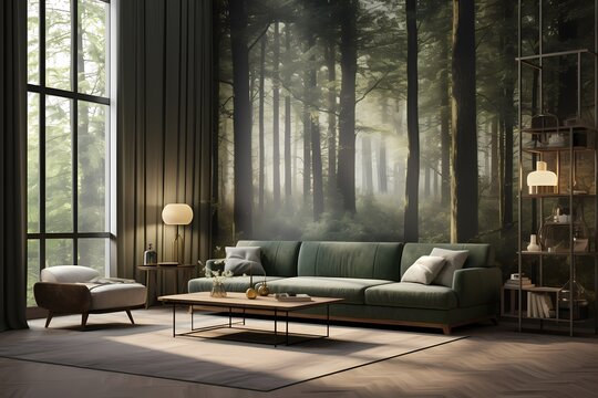 A forest-inspired wallpaper with towering trees and dappled sunlight, bringing the beauty of nature into the living space