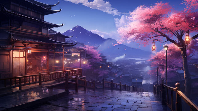 Illustration of Japanese or fantasy eastern landscape. Night, ancient street. Anime Like background. Digital painting. For Poster, invitation, flyer, banner, email, header. Generative Ai content