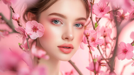 Obraz na płótnie Canvas Closeup portrait of beautiful woman with makeup. Fashionable photo in pink colors. Spring concept. Trees in blossom. Flowers. Concept of environmental friendliness and naturalness of cosmetic products