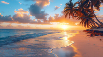 Fototapeta na wymiar Sunset tropical beach with palm trees and azure blue sea - Generative AI