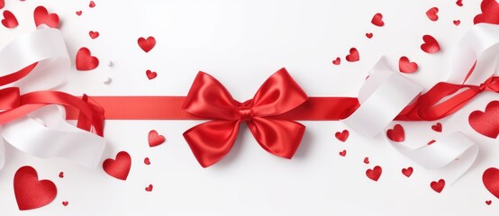 A red ribbon with a bow and hearts on it, creating a festive and decorative accessory.