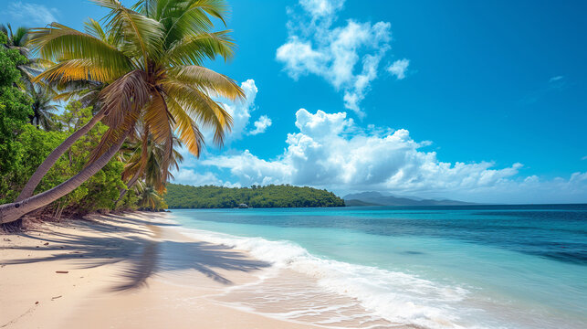 Tropical beach with palm trees and azure blue sea - Generative AI