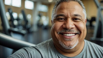 Fototapeta premium Joyful middle-aged, mixed-race man with grey hair, taking a selfie in a gym, wearing a grey t-shirt, with a content and friendly expression.