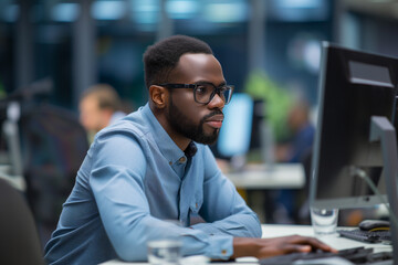 Focused African American man in glasses enhancing tech skills at a modern workspace, embodying continuous learning and professional development.