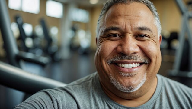 Joyful middle-aged, mixed-race man with grey hair, taking a selfie in a gym, wearing a grey t-shirt, with a content and friendly expression.