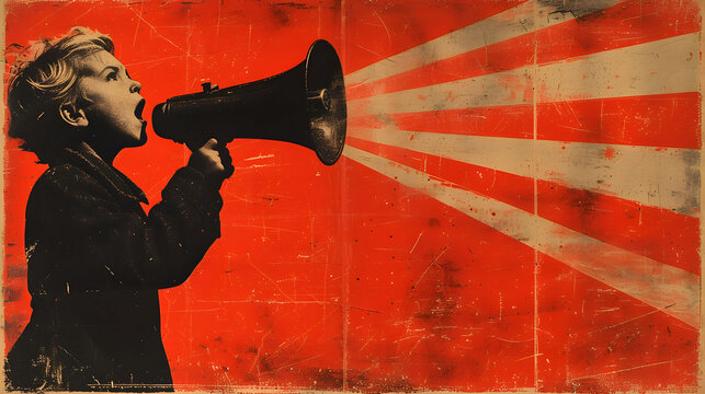 Retro collage style poster. A young boy is using megaphone and shouting. Can be used as an appeal for the protection of children's rights. Red and black contrast graphics with copy space.