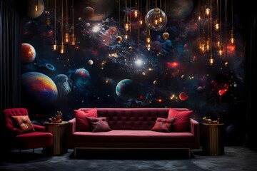 A futuristic space-themed wallpaper with cosmic elements and deep, rich colors, transforming the room into a celestial sanctuary