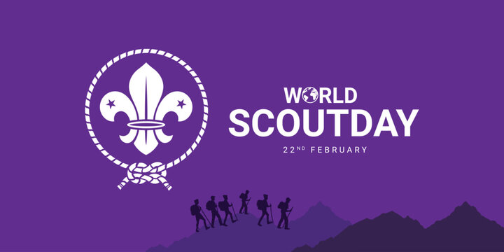 World Scout Scarf Day. Background, web banner, card, poster, t-shirt with text inscription, World Scout Day illustration banner, holiday idea template for World Scout Day celebration.