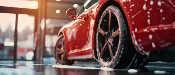 A luxurious red sports car enjoys a thorough wash, water droplets accentuating its sleek design and shiny surface