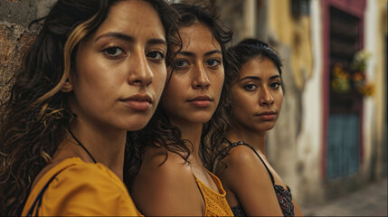 Three indigenous and very beautiful women, posing in the street