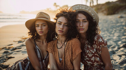Three beautiful women, two of them wearing hats, posing on the beach