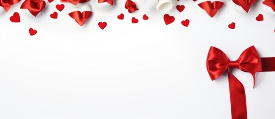 A photo featuring a white background adorned with red hearts and a bow, creating a festive and celebratory atmosphere.
