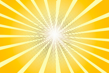 Pop art background. Rays from the center. Cartoon flat style. In yellow and orange.
