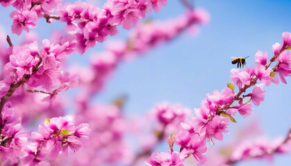  Spring flowers in nature. Blooming pink Cercis tree and bee against a blue sky on bright sunny day. Shallow depth of field.
 - obrazy, fototapety, plakaty