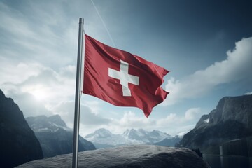 Swiss flag waving in the mountainous landscape, symbolizing pride
