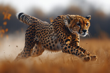 A cheetah sprinting across the savannah, illustrating the unmatched speed and agility of this remarkable big cat. Concept of savannah dynamics. Generative Ai.