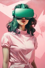 A woman dressed in a pink dress is wearing a green virtual headset and engaging with virtual reality technology.