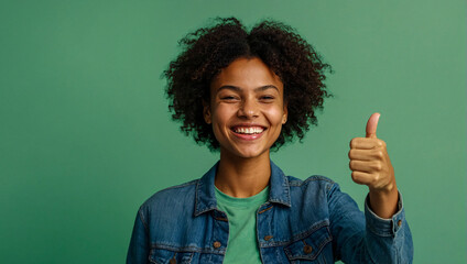 young woman with a radiant smile doing thumbs up on a green background - obrazy, fototapety, plakaty