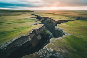 Geological fissures scar a desolate landscape, evidencing the dynamic forces of the earth's crust at work