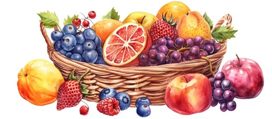 Hand-painted watercolor illustration of various fruits and berries in a basket, isolated.