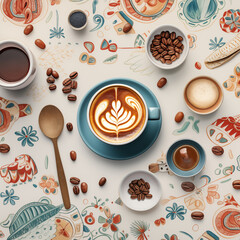 Brown and White Coffee, Sweets, and Cake on a Plate in a Café Setting with Vector Illustration