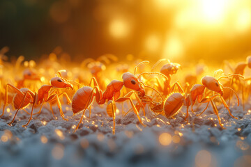 A group of ants working together to transport food to their nest, exemplifying the collaborative and industrious nature of ant colonies. Concept of teamwork in nature. Generative Ai.