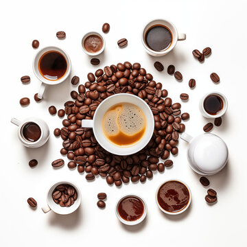 Steaming coffee in a white cup surrounded by aromatic coffee beans on a saucer
