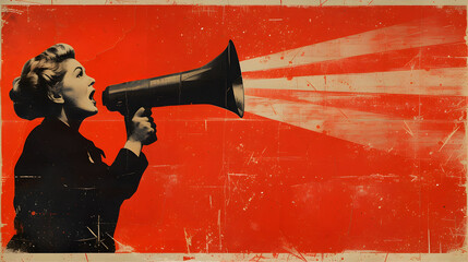 Retro collage style poster. A mature woman is using megaphone for protesting for social rights, for equality between men and women, for freedom.  Red and black contrast graphics with copy space.