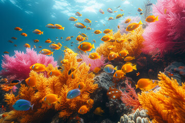 Fototapeta na wymiar A school of colorful fish swimming through a coral reef, portraying the vibrant life and diversity within underwater ecosystems. Concept of coral reef harmony. Generative Ai.