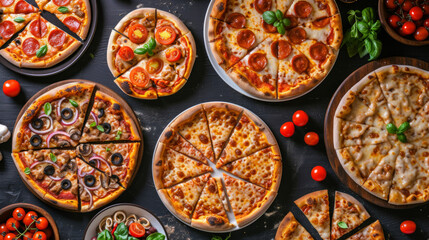 Fototapeta na wymiar Gourmet pizza selection. Different types of pizzas. Italian cuisine. Variety of pizzas on a wooden board. Top view. Various taste type pizza slices with different traditional filling. menu, dieting, 