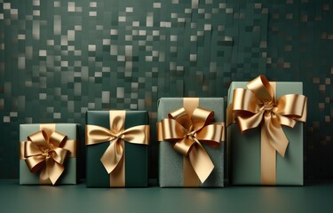 Fototapeta na wymiar Three beautifully wrapped presents with shiny gold bows arranged neatly on a surface.
