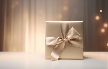 A simple white box adorned with a festive bow sits on a surface.
