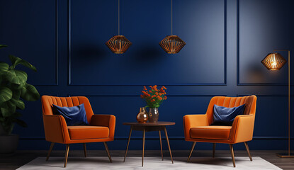 Sala com duas poltronas em laranja com parede azul de fundo, tornando o ambiente moderno e cheio de estilo
