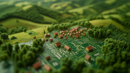 A Birds Eye view of a conceptual rural town landscape that references a circuit board and the interconnectivity between biofuels, technology and farming