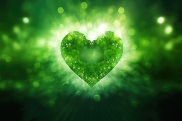 A close-up photograph of a heart-shaped object colored in vibrant green and adorned with water droplets.