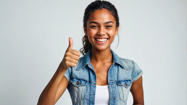 young woman with a radiant smile doing thumbs up