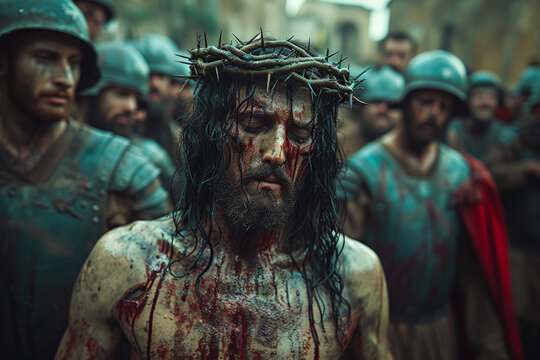 Imagination of The Roman soldiers mocking and beating Jesus, depicting the harsh treatment he endured before his crucifixion. Concept of physical suffering. Generative Ai.