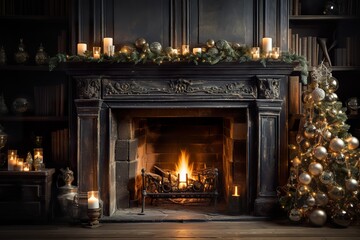 minimalistic design A fireplace with christmas decorations and candles in a rustic and cozy living room