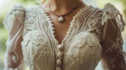 Close up of woman in white blouse with necklaces - obrazy, fototapety, plakaty