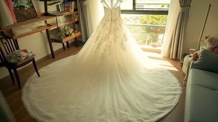 Fototapeta na wymiar Beautiful wedding dress hanging on the wall in the room. Wedding concept