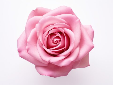 This close-up photo captures the beauty of a pink rose on a crisp white background.