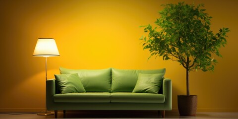 Sofa, lamp, and green tree in living room